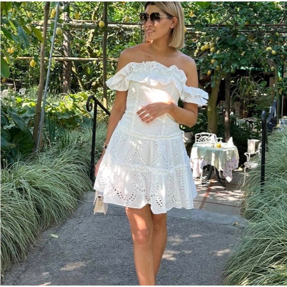 C24 Zara White Eyelet Embroidery Off The Shoulder Tiered Mini Dress Small - Picture 2 of 12